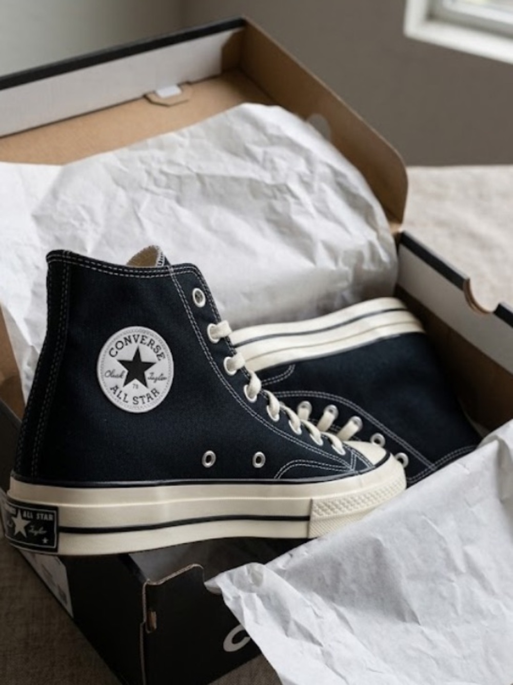 Converse Black High Top Chuck 70s Canvas Sneakers with White Trim